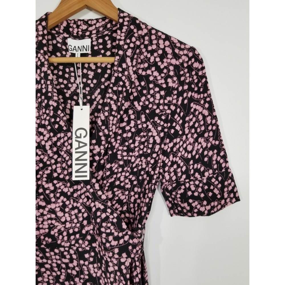 NWT Ganni Ditsy Floral Wrap Dress Black/Pink Knee Length Size EU 34/ US 2 $255